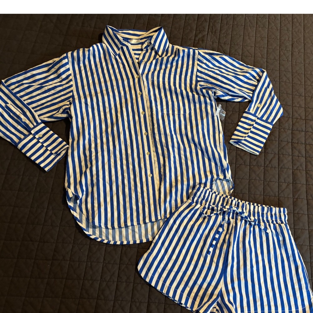 Altar'd State Blue Striped Shirt and Shorts Swim Cover Up Set XS/S